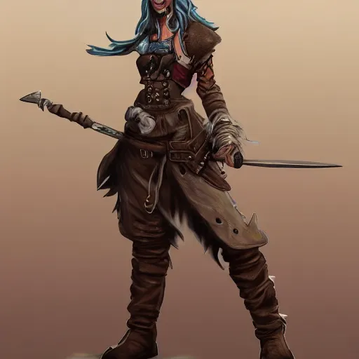 Prompt: full body concept art of a female pirate by Frank Wu