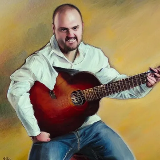 Prompt: andy mckee playing guitar, wonderful expressive portrait painting of youtube musician andy mckee doing his finger tap technique