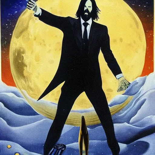 Image similar to painting of john wick in astronaut suit fighting with predators on the moon, created by salvador dali, pistols