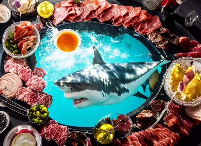 Image similar to underwater photo still of a great white shark eating a charcuterie platter at the bottom of the ocean, underwater lighting, light rays, bubbles, 8 k