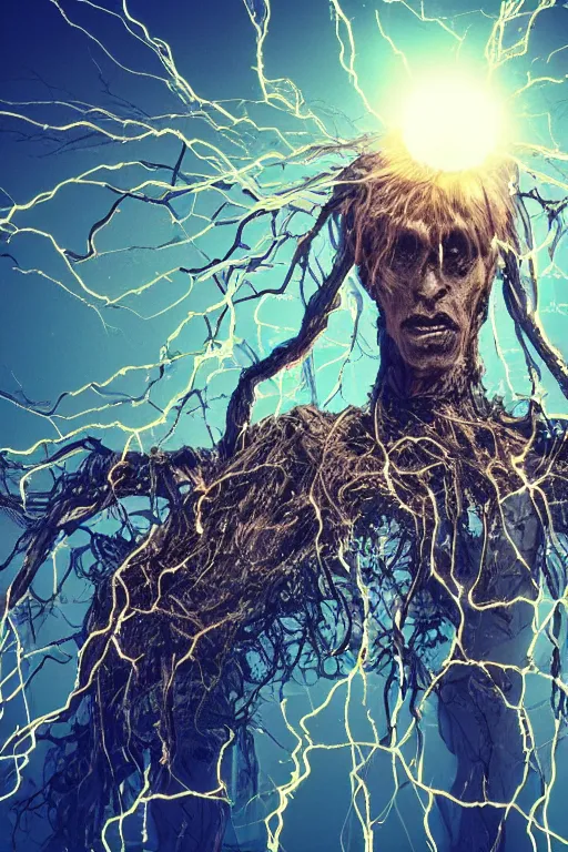 Image similar to high resolution photo of a humanlike creature bundled in electronic wires, overgrown, sparks, electricity, sun beams, rocks, devices, slime, tree roots, veins, lightning, big muscles, sweat, slime, troll, grown together, god rays, dark, skin, plastic wrap,