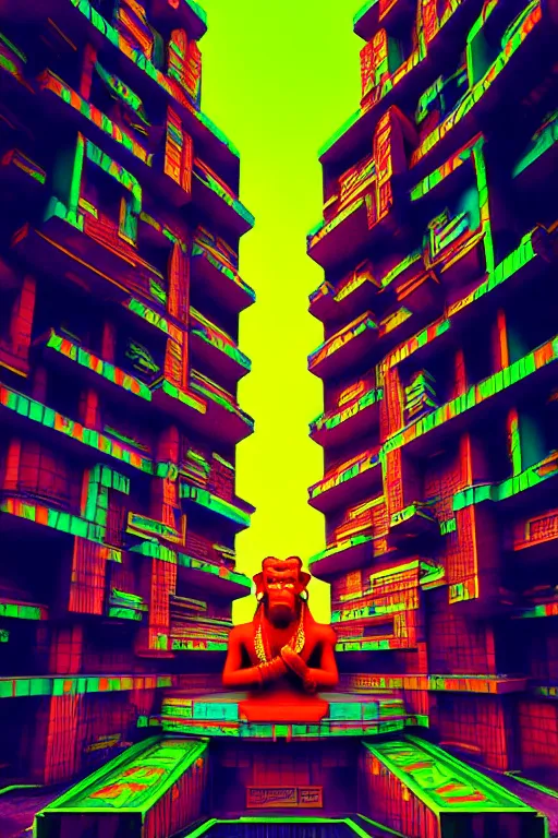 Prompt: high quality 3 d render colorful cyberpunk brutalist hanuman head building, neon yellow madhubani, highly detailed, in sci - fi mumbai, unreal engine cinematic smooth, liam wong, moody light, low angle, uhd 8 k, sharp focus