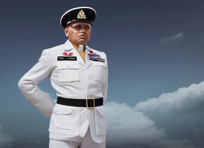 Prompt: proud general wearing a white naval general uniform, no medals, no epaulettes, his arms are behind his back, ultra realistic, 4 k, movie still, uhd, sharp, detailed, cinematic, render, modern