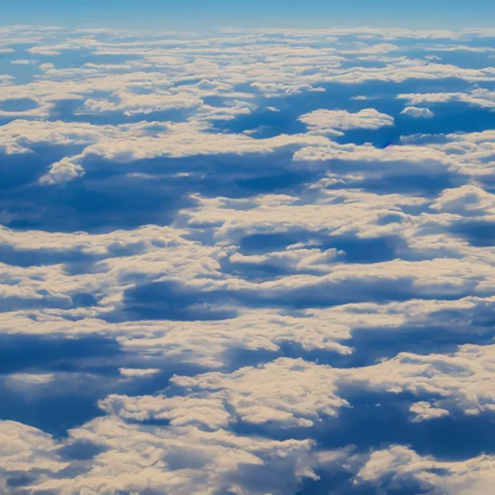 Image similar to Endless clouds towering high, seen from a plane, no ground visible, very detailed, 8k resolution, pale yellow hue with brown shadows