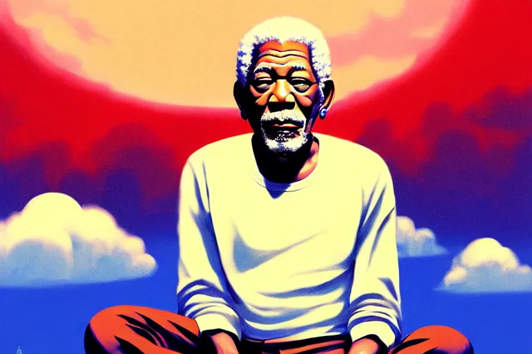 Image similar to Pixiv Digital art Full Body Extreme Detailed Full and Isolated and singular portrait of Morgan Freeman sitting on a Cloud in the sky. His legs are crossed lotus position in the scene is full of clouds by Ilya Kuvshinov and Greg Rutkowski