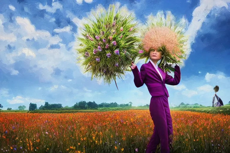 Prompt: huge thistle flower under head, a girl in a suit in field of flowers, surreal photography, sunrise, blue sky, dramatic light, impressionist painting, digital painting, artstation, simon stalenhag