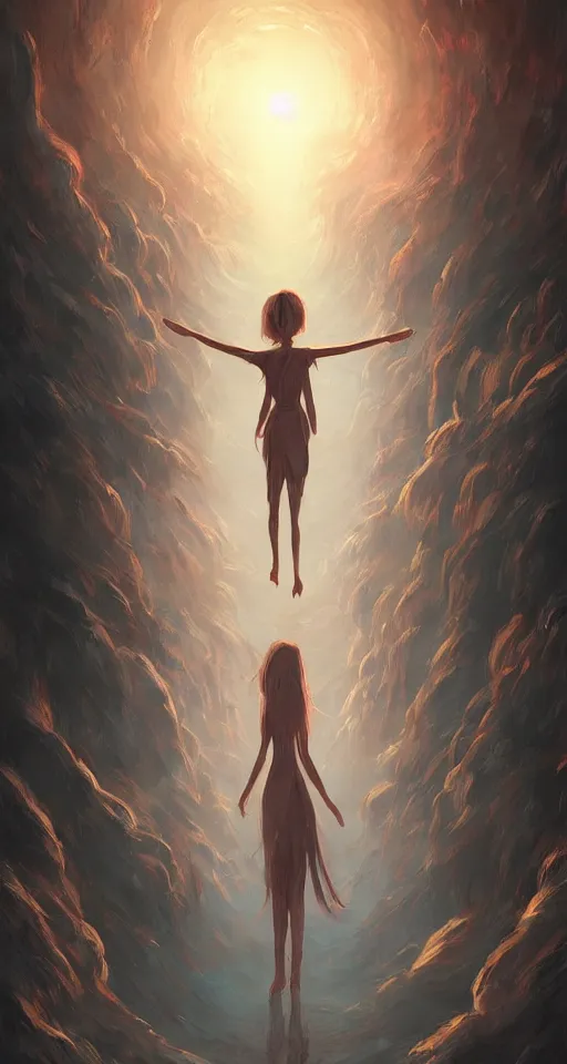 Prompt: A beautiful artwork illustration, a tall humanoid creature radiating curiosity, caring, and joy, exploring and looking around in an alternate universe, featured on artstation, wide angle, vertical orientation