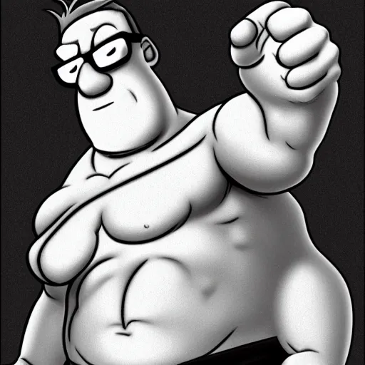 Image similar to Peter Griffin the giga chad, muscular close up grayscale photo
