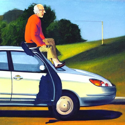 Image similar to larry david climbing on roof of 2009 prius, edward hopper painting, high detail