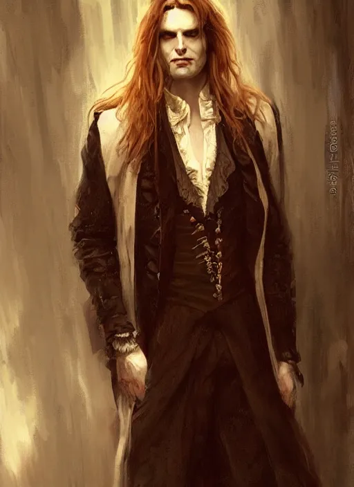 Image similar to portrait painting of the vampire lestat, paris! floating, muscular male, long hair! long coat, elegant rugged handsome unreal render cinematic lighting art 1 8 9 0 period drama by bussiere rutkowski andreas rocha