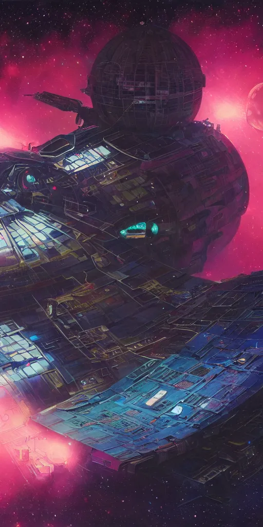 Image similar to hyper realistic space station,neon,stars,blade runner, detailed,moon, 8k,cinematic lighting, detailed oil painting, by tristan eaton,Stanley Artgermm,Tom Bagshaw,Greg Rutkowski,Carne Griffiths,trending on DeviantArt,chillwave,minimalist,cybernetic, android, blade runner,full of colour