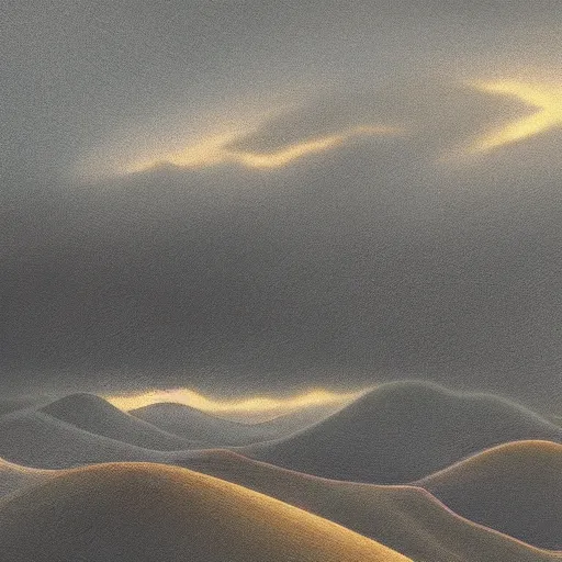 Prompt: A rolling hill landscape dissolving a luminous dark sky, Paul Carrick Illustration​, trending on art station, maximalist, hyper detailed