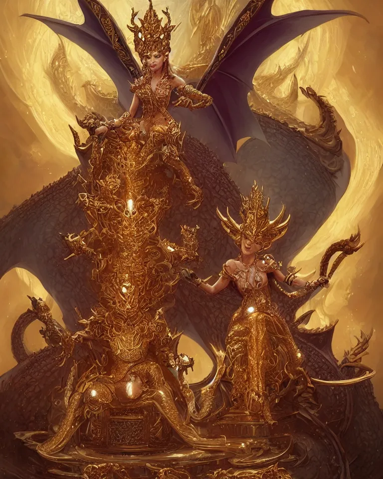 Prompt: the dragon queen sit on a golden ornate throne with diamonds and gems surrounding it, art by artgerm and greg rutkowski and magali villeneuve, d & d, fantasy, highly detailed, digital painting, trending on artstation, concept art, sharp focus, illustration