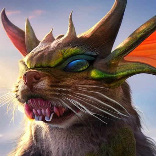 Prompt: a hyper realistic render of a cute eastern dragon with big eyes and friendly + a cute cat