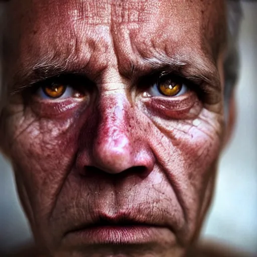 Image similar to high quality high detail portrait by james nachtwey, hd, a remorseless psychopath, intense unsettling look in the eyes, photorealistic lighting