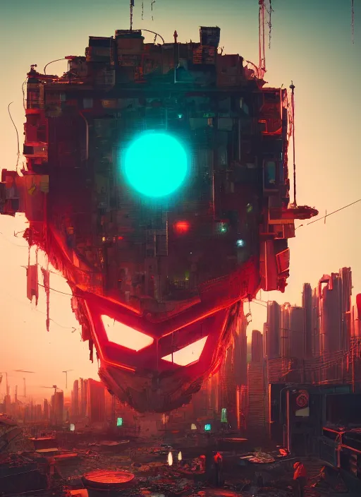 Image similar to giant destroyed head of cyberpunk mickey mouse surrounded by engineers, inside of abandoned netflix office, by beeple, dystopia, golden ratio, octane render, redshift, trending on artstation, 8 k