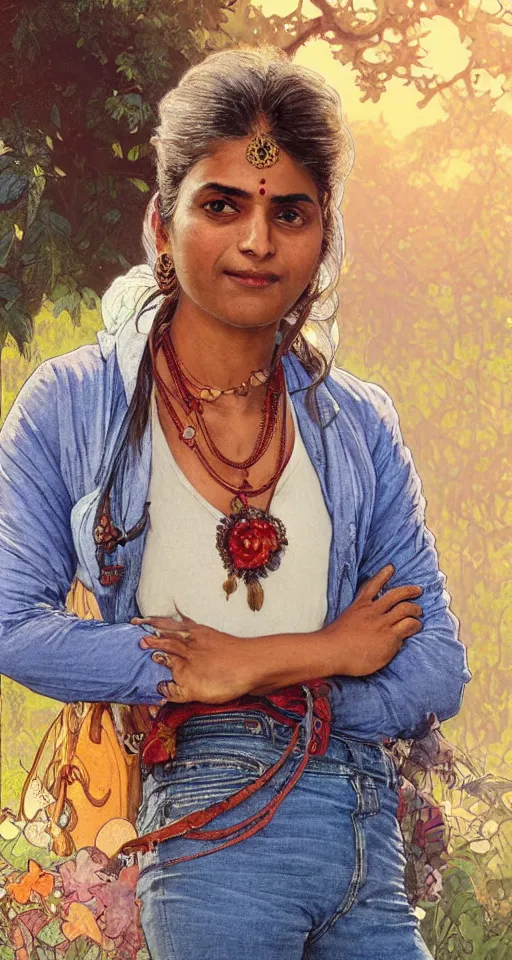 Image similar to close up a beautiful Indian doctor wearing jeans and a shirt in Texas in 2022, sun shining, photo realistic illustration by greg rutkowski, thomas kindkade, alphonse mucha, loish, norman rockwell.