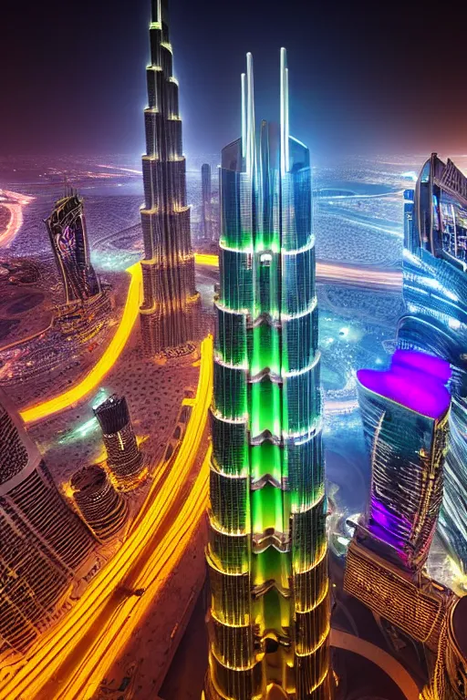 Image similar to neon streets of dubai burj khalifa, 4 k, award winning photo