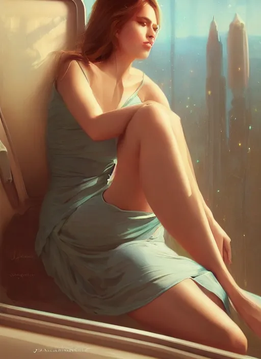 Prompt: beautiful girl sitting on a spaceship window wearing a dress, highly detailed tight dress, beautiful face hot model girl, by jeremy lipking, by artgerm, digital art, octane render