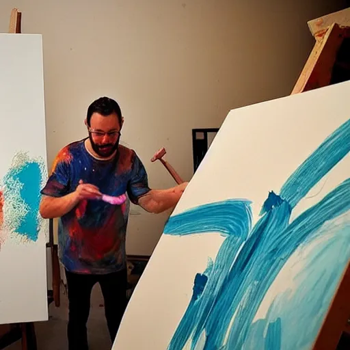 Image similar to An artist is standing in his studio furiously throwing paint around, in the background you can see numerous canvases with simple cat drawings