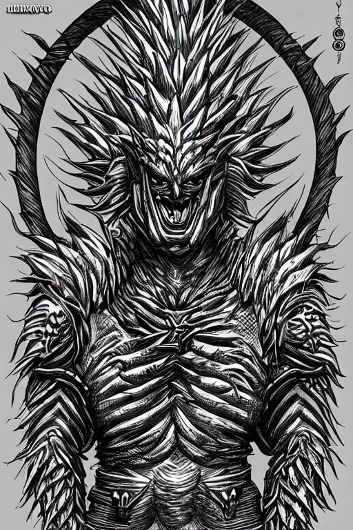 Image similar to screaming pineapple humanoid figure monster wearing themed armour, symmetrical, highly detailed, digital art, sharp focus, trending on art station, kentaro miura manga art style