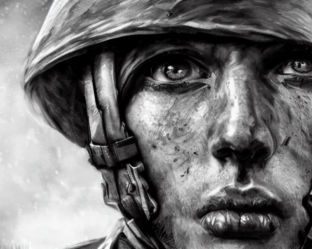 Image similar to A soldier in despair in a world war 1 trench, close-up, realistic face, beautiful face detail, mature facial features, black and white, amazing digital art, hyper detailed, artstation, in the style of Tony Sart