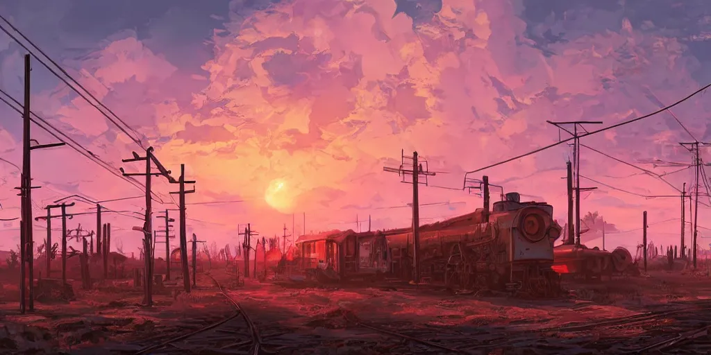 Image similar to train station roadside old west saloon cyber punk post apocalyptic telephone poles cactus graveyard sunset sky clouds illustration by syd mead artstation 4 k 8 k graphic novel concept art matte painting unreal engine ue 5