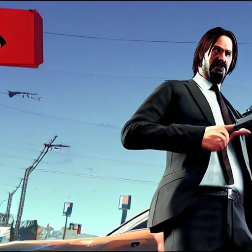 Image similar to john wick pointing a gun at person in GTA V loading screen, HD
