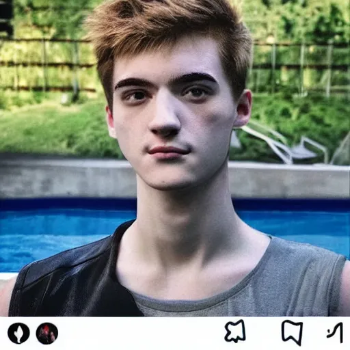 Image similar to “a realistic detailed photo of a guy who is an attractive humanoid who is half robot and half humanoid, who is a male android, twitch streamer Ninja Tyler Blevins, shiny skin, posing like a statue, blank stare, by the pool, display”