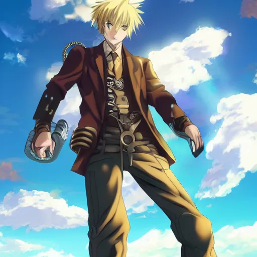 Image similar to anime man with a steampunk prosthetic arm, handsome, finely detailed, cinematic lighting, clouds, sky, sunlight, anime,