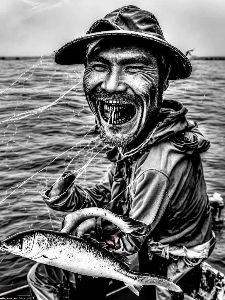 Image similar to an imperfect journalistic portrait of a mecha fisherman, after he has caught a truly enormous frankfurter in his net. he grins proudly, baring his gargantuan razor sharp teeth like blades of a professional food processor