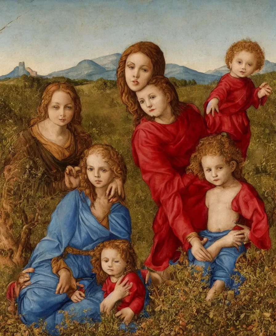 Prompt: Detailed Portrait of Madonna, curly red hair red shirt blue cloth, with infant Jesus, holding a thin cross and talking with another boy in front in the style of Raffael. They are sitting in a dried out meadow trees near Florence tuscany, red poppy in the field. The horizon is blue, there is a blue lake with a town and blue mountains. Flat perspective.