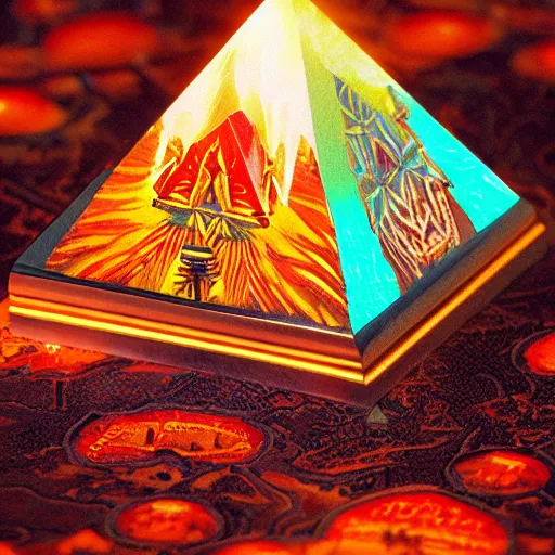 Image similar to flaming tall iridescent village pyramid puffin cove phantasm casket, by george lucas and mikhail larionov and dan mumford, 2 0 megapixels, tarot card, tilt shift