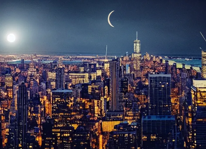 Image similar to film still of the moon shattering into pieces over manhatten in the new disaster movie, 8 k, night time