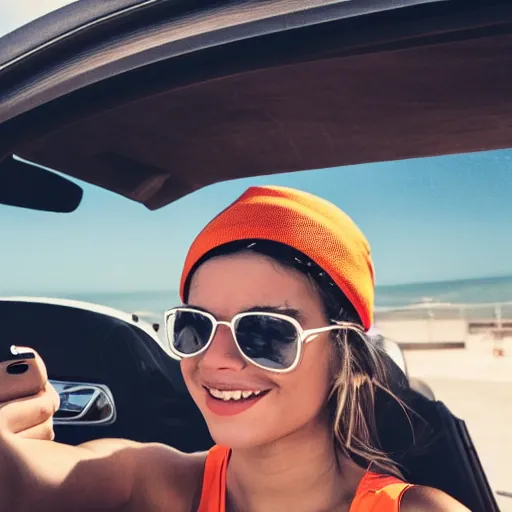 Image similar to girl lounging in a convertible car wearing an orange beanie and a sleeveless shirt, selfie, faint smile