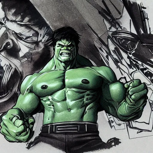 Image similar to Yoji Shinkawa drawing of The Hulk eating a bike