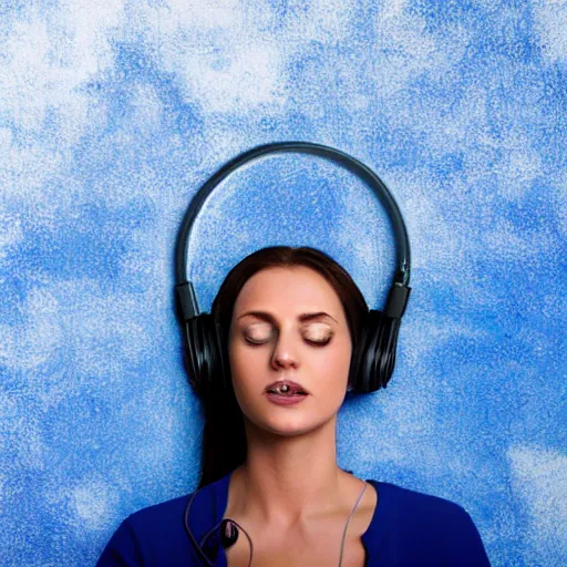 Image similar to dripping electrical blue paint across the shape of a female human listening to music, realistic , high detail, on a white background