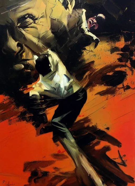 Prompt: slipping, saul goodman, screaming, slipping and flying, falling, flailing painting by phil hale, fransico goya, david lynch,'action lines '!!!, graphic style, visible brushstrokes, motion blur, blurry