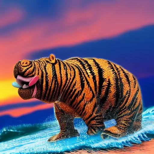 Image similar to a closeup photorealistic photograph of a cute smiling knitted tiger hippopotamus chasing a beachball at sunset. surf in the background. professional capture. this 4 k hd image is trending on artstation, featured on behance, well - rendered, extra crisp, features intricate detail, epic composition and the style of unreal engine.