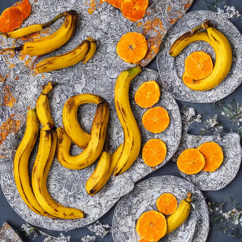 Image similar to very long roasted bananas with cut orange slices, on art nouveau embroidered designer plate with flowery pattern closeup, hyper real, food photography, high quality