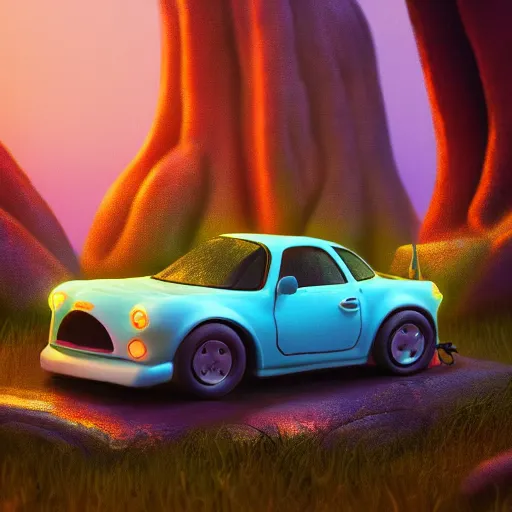 Prompt: tiny cars, phone time machine, bioluminescence, vegetation, colorful, rim light, highly detailed, tilt shift, digital painting, concept art, smooth, sharp focus, pleasing aesthetics, 3 d render, octane render, disney pixar, 4 k