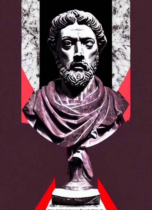 Prompt: design poster showing a statue of marcus aurelius, black background with very subtle red and purple design elements, gradients, powerful, nekro, guido crepax, graphic design, collage art, thin lines, dark, glitch art, neo vaporwave, gritty, layout frame, square, trending on artstation