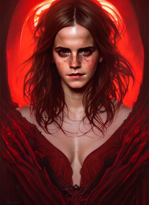 Image similar to portrait of emma watson as demon, red skin, batwings, hell, intricate, headshot, highly detailed, digital painting, artstation, concept art, sharp focus, cinematic lighting, illustration, art by artgerm and greg rutkowski, alphonse mucha, cgsociety