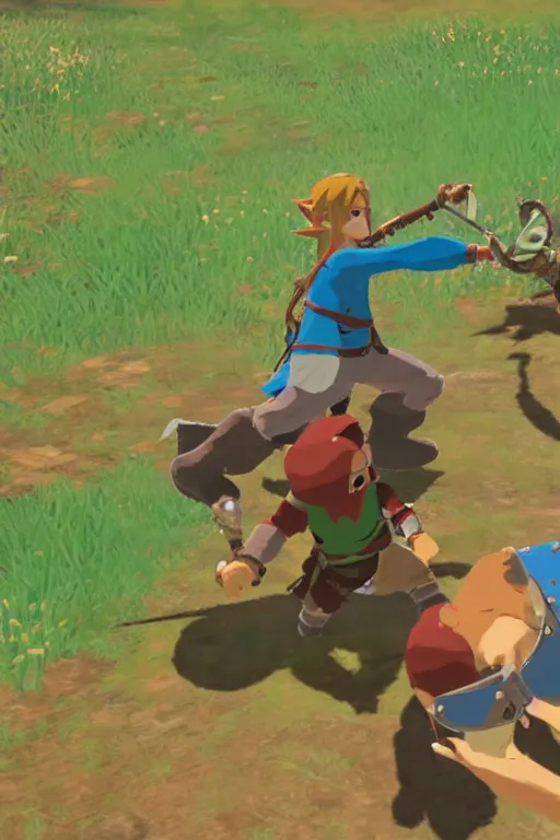 Prompt: in game footage of link attacking a diglett from the legend of zelda breath of the wild, breath of the wild art style.