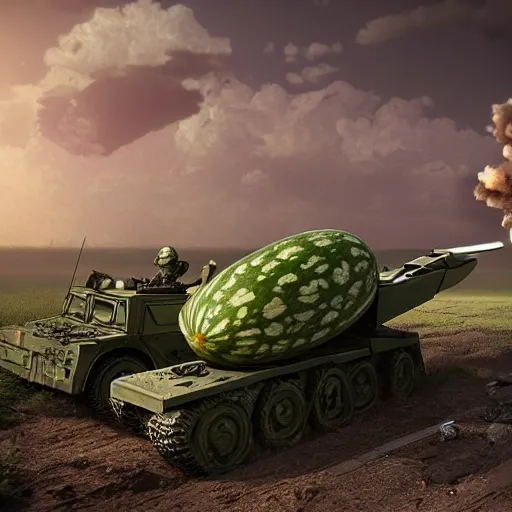 Image similar to Very very very very highly detailed Watermelon as military vehicle with epic weapons, on a battlefield in russian city as background. Less Watermelon a lot more military vehicle, Photorealistic Concept digital art in style of Caspar David Friedrich, super rendered in Octane Render, epic dimensional light