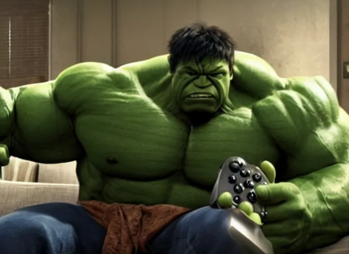 Prompt: Film Still of Hulk on the couch playing Xbox in the new Avengers movie, 4k