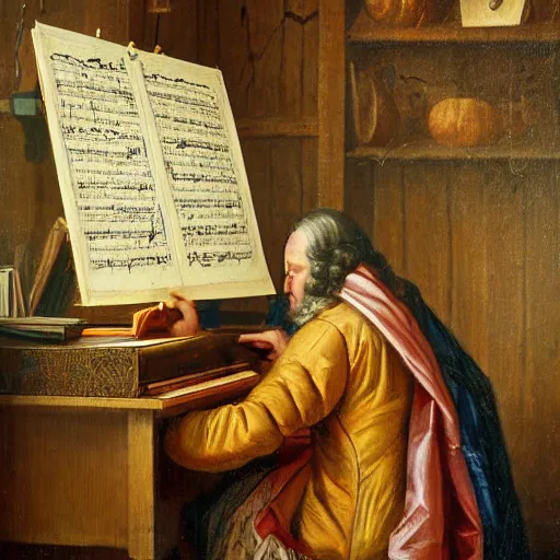 Image similar to highly detailed painting of bach writing a piece of music on a sheet of paper, he is inside of a wooden shack, 4 k resolution, by jaquis luis david, visible paint layers, renaissance.