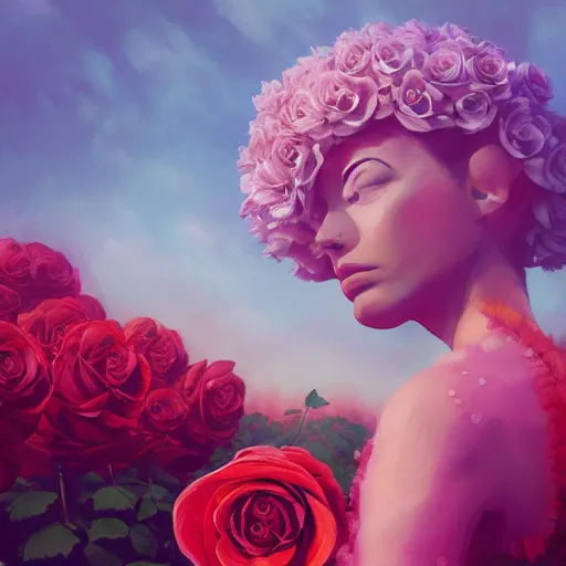 Image similar to closeup, huge rose flower head, frontal, a girl in suit, surreal photography, sunrise, dramatic light, impressionist painting, digital painting, artstation, simon stalenhag