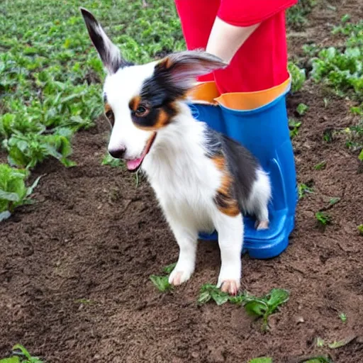 Image similar to a mini australian shepard wearing rubber boots! while picking strawberries