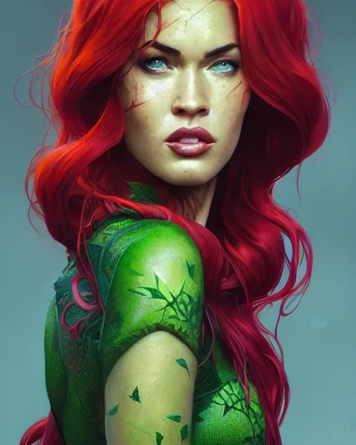 Prompt: highly detailed vfx portrait of megan fox as poison ivy, stephen bliss, unreal engine, greg rutkowski, loish, rhads, beeple, makoto shinkai and lois van baarle, ilya kuvshinov, rossdraws, tom bagshaw, alphonse mucha, global illumination, detailed and intricate environment